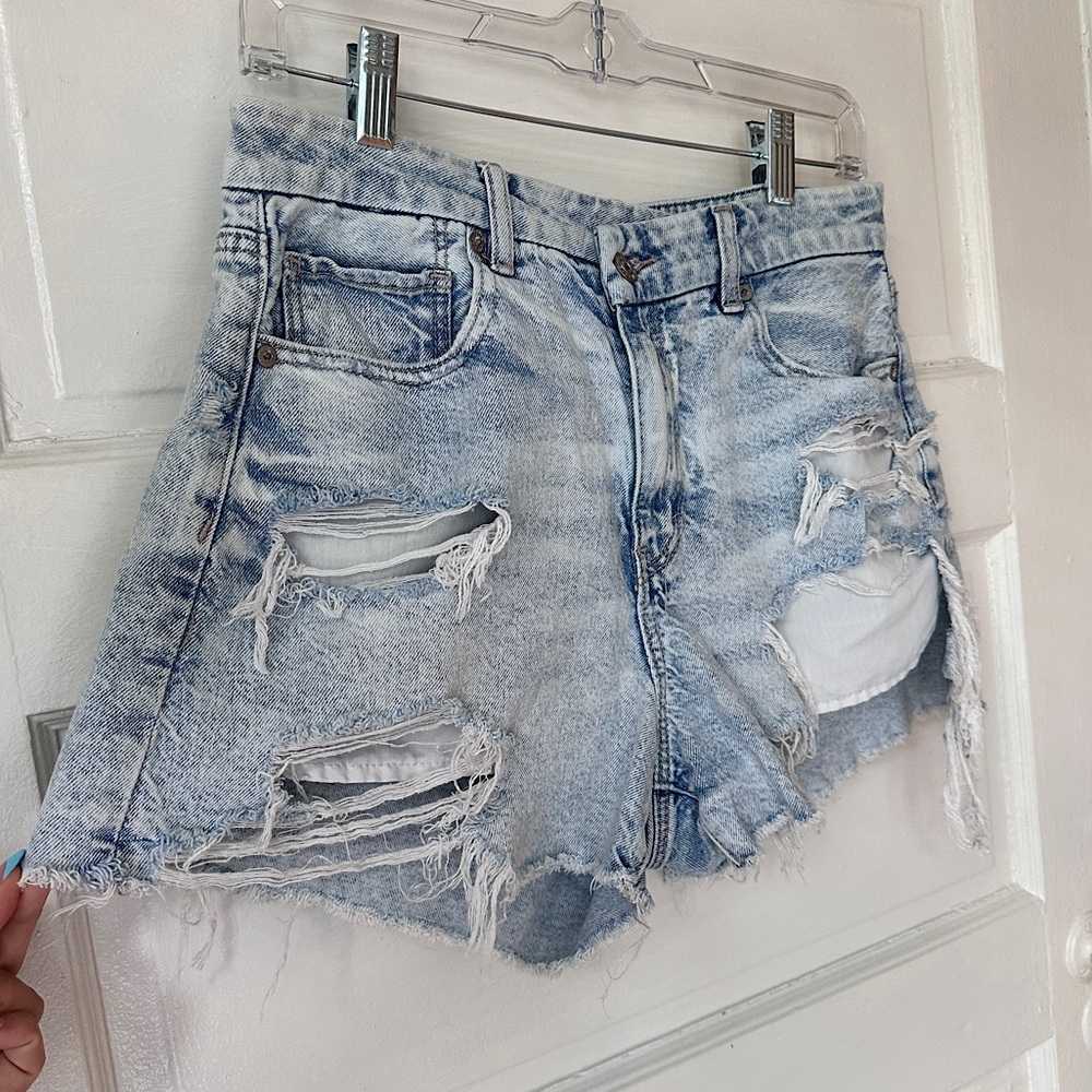 American Eagle Strigid Distressed Denim Jean Shorts Cut Off High Rise Stretch 8 - Picture 5 of 15